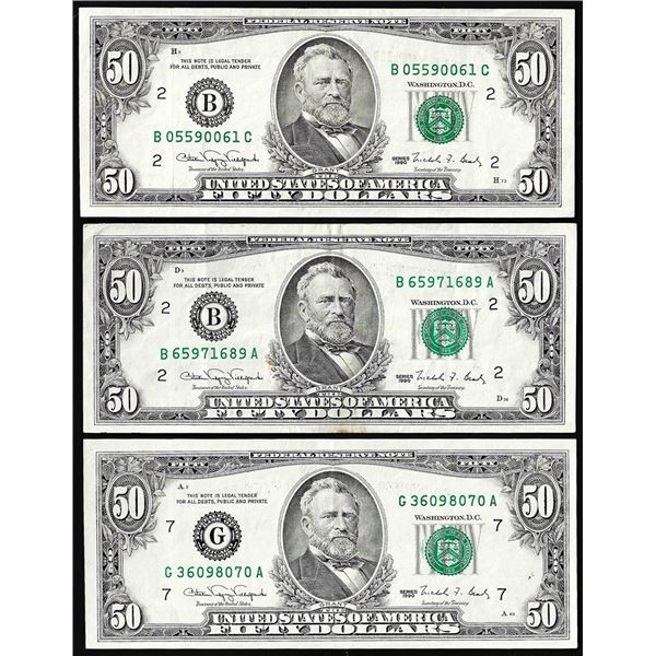 Lot of (3) 1990 $50 Federal Reserve Notes Minor Offset Error