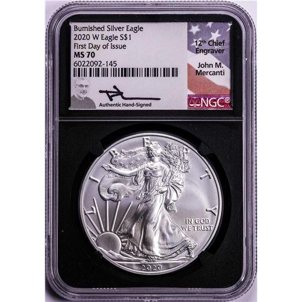 2020-W $1 Burnished American Silver Eagle Coin NGC MS70 Mercanti Signature