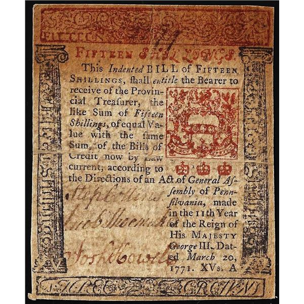 March 20, 1771 Fifteen Shillings Pennsylvania Colonial Currency Note