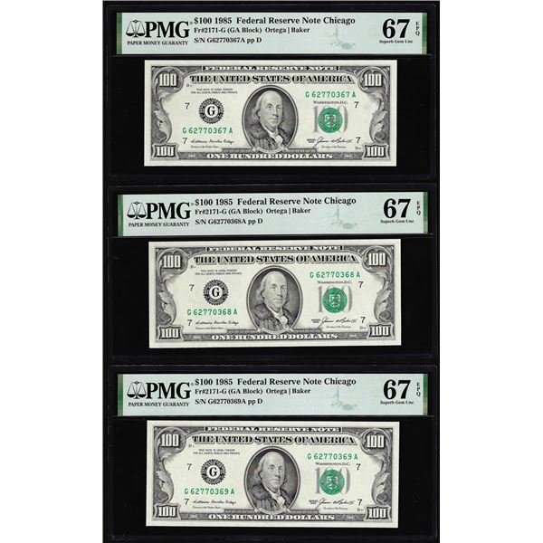 (3) Consecutive 1985 $100 Federal Reserve Notes Fr.2171-G PMG Superb Gem Unc 67EPQ