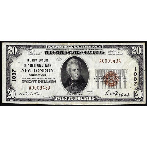 1929 $20 City National Bank New London, CT CH# 1037 National Currency Note
