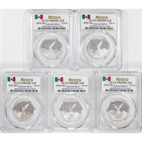 Lot of (5) 2016-Mo Mexico Proof 1/4 oz Silver Libertad Coins PCGS PR69DCAM