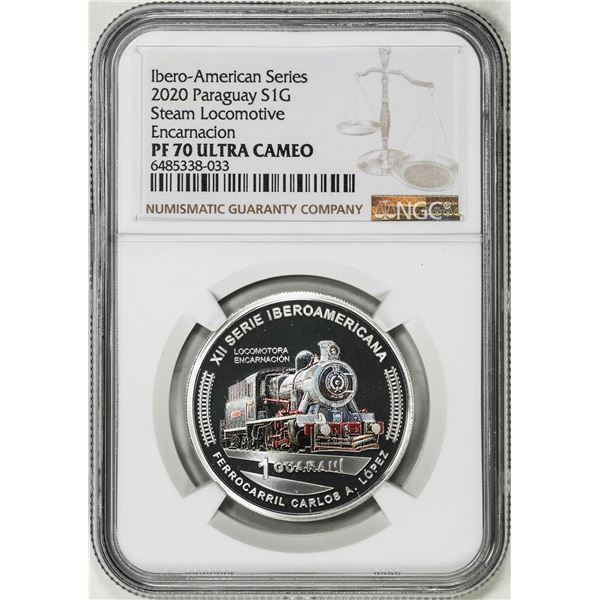 2020 Paraguay 1 Guarani Steam Locomotive Trains Silver Coin NGC PF70 Ultra Cameo