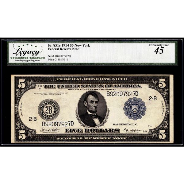 1914 $5 Federal Reserve Note New York Fr. 851C Legacy Extremely Fine 45