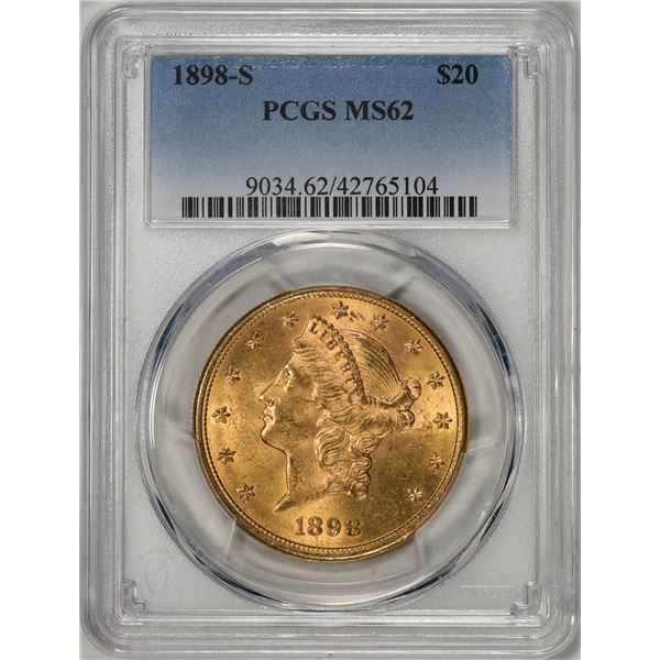 1898-S $20 Liberty Head Double Eagle Gold Coin PCGS MS62
