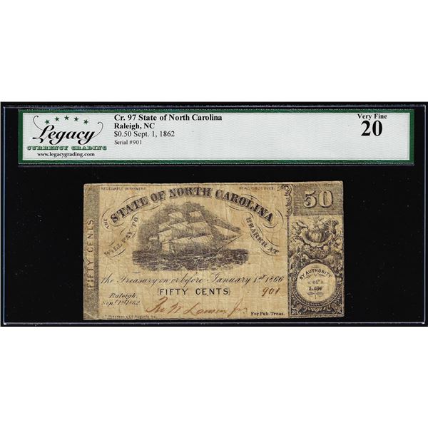 1862 50 Cents State of North Carolina Obsolete Bank Note Cr. 97 Legacy Very Fine 20
