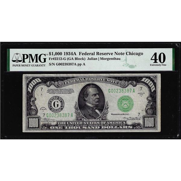 1934A $1,000 Federal Reserve Note Chicago Fr.2212-G PMG Extremely Fine 40