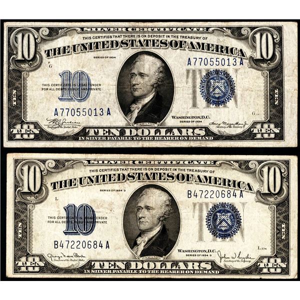 Lot of 1934 & 1934D $10 Silver Certificate Notes
