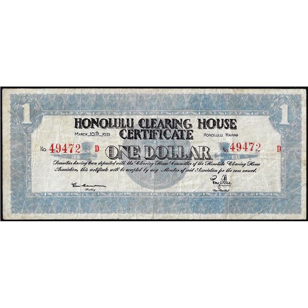 March 10, 1933 $1 Honolulu Clearing House Certificate Note