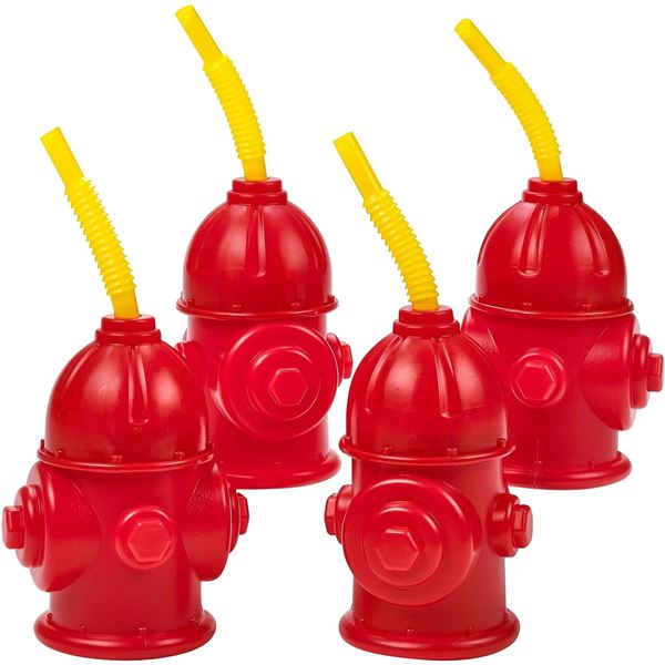 NEW 4 PACK OF FIRE HYDRANT CUPS WITH STRAWS & LIDS