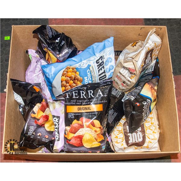 LARGE AMAZON BOX FILLED WITH VARIOUS TYPE OF CHIPS