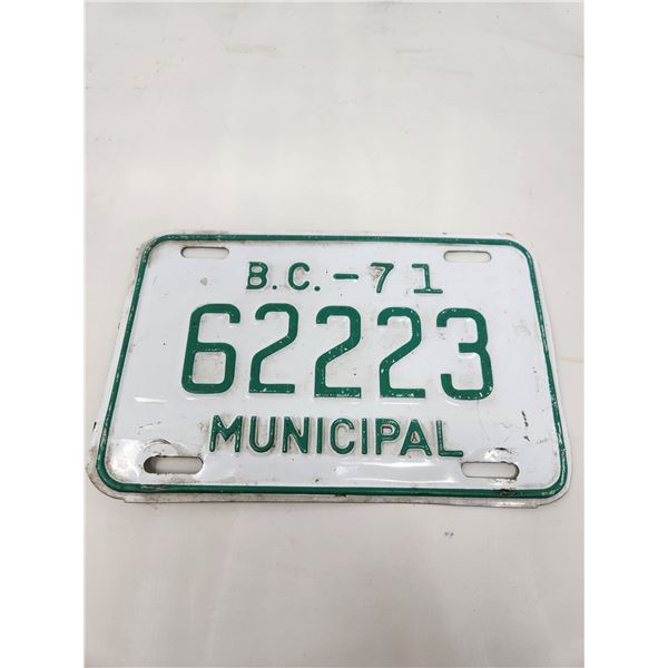 Vintage B.C. 71 Municipal Plate