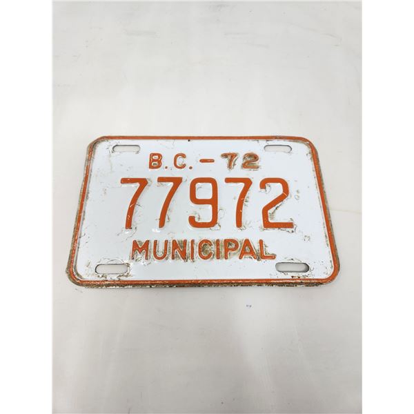 Vintage B.C. 72 Municipal Plate