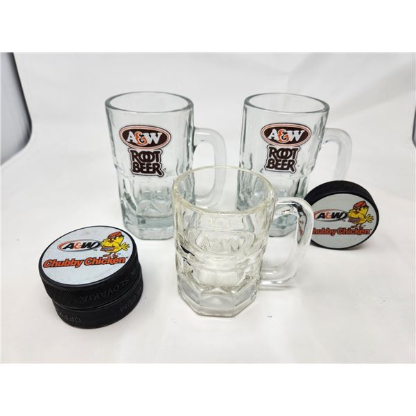 A&W Mugs and Hockey Pucks