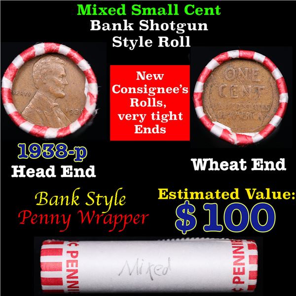 Mixed small cents 1c orig shotgun roll, 1938-p Lincoln Cent, Wheat Cent other end, Bank Wrapper.