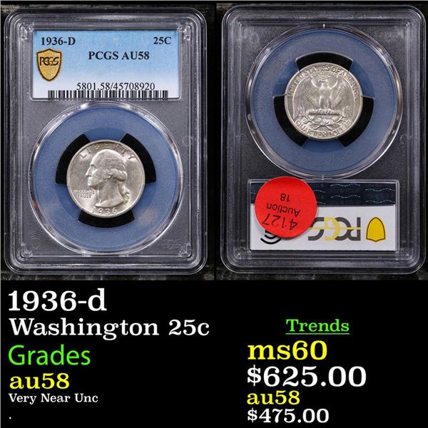 PCGS 1936-d Washington Quarter 25c Graded au58 By PCGS