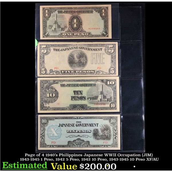 Page of 4 1940's Philippines Japanese WWII Occupation (JIM) 1943-1945 1 Peso, 1942 5 Peso, 1942 10 P