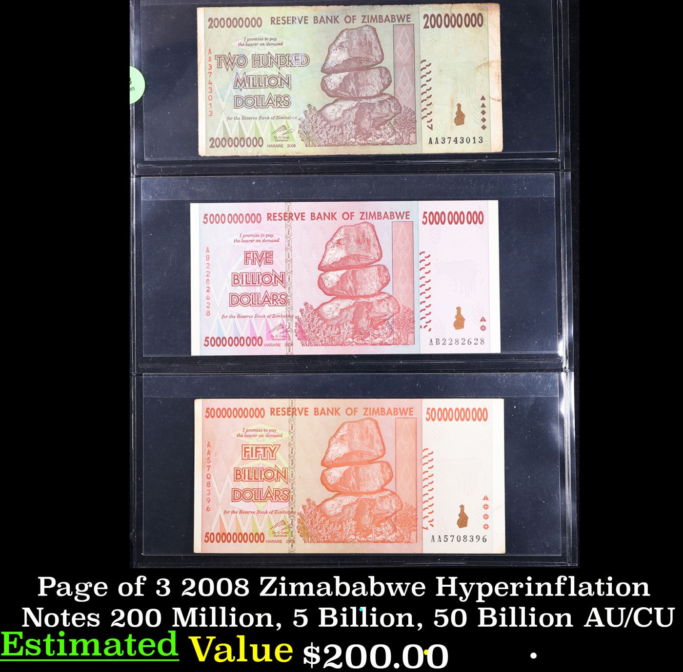 Page of 3 2008 Zimababwe Hyperinflation Notes 200 Million, 5 Billion ...
