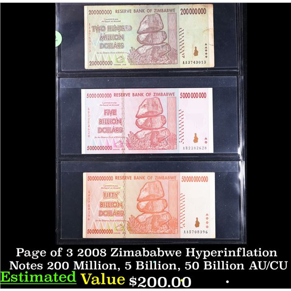 Page of 3 2008 Zimababwe Hyperinflation Notes 200 Million, 5 Billion, 50 Billion AU/CU
