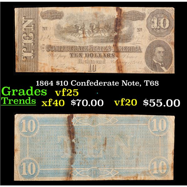 1864 $10 Confederate Note, T68 Grades vf+