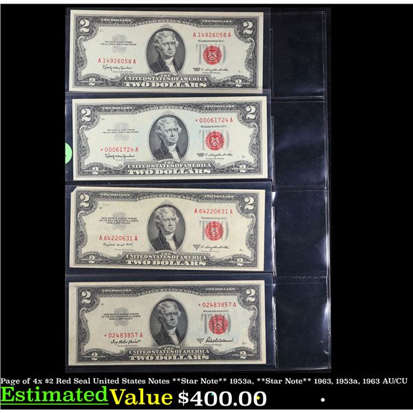 Page of 4x $2 Red Seal United States Notes **Star Note** 1953a, **Star Note** 1963, 1953a, 1963 AU/C
