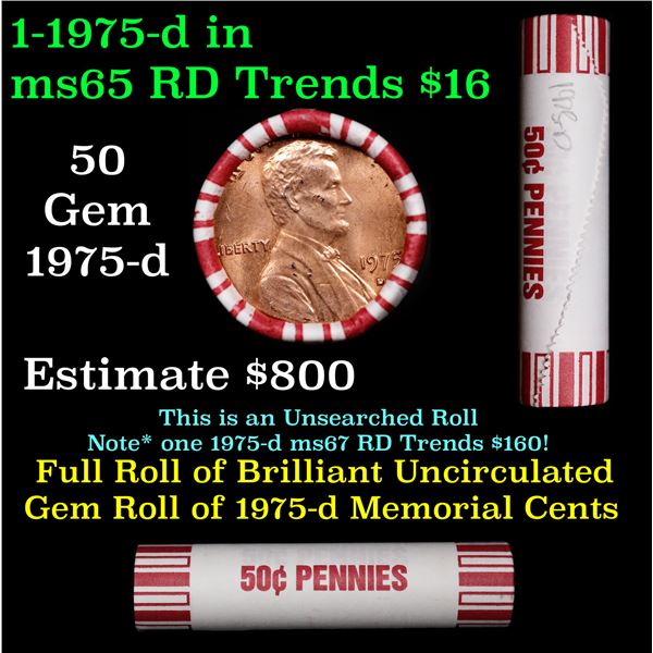 Shotgun Lincoln 1c roll, 1975-d 50 pcs Bank 50c Wrapper.