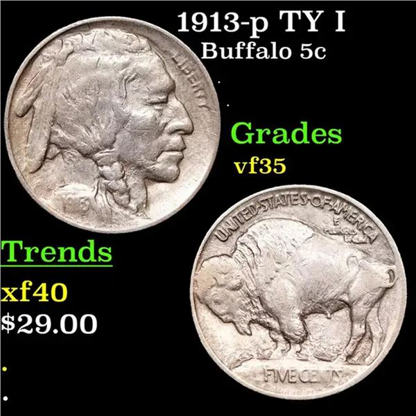 1913-p TY I Buffalo Nickel 5c Grades vf++