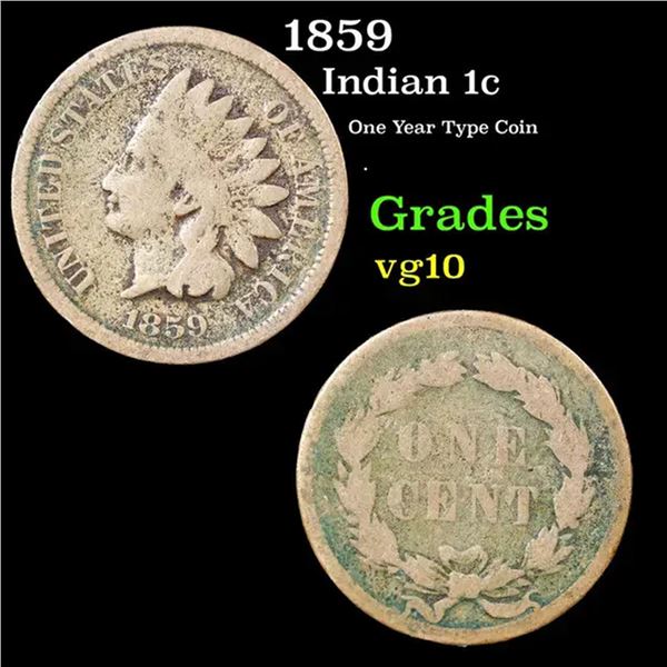 1859 Indian Cent 1c Grades vg+