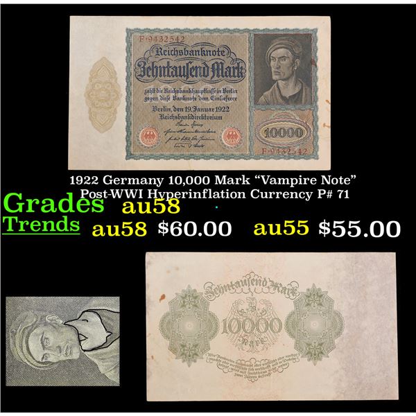 1922 Germany 10,000 Mark "Vampire Note" Post-WWI Hyperinflation Currency P# 71 Grades Choice AU/BU S