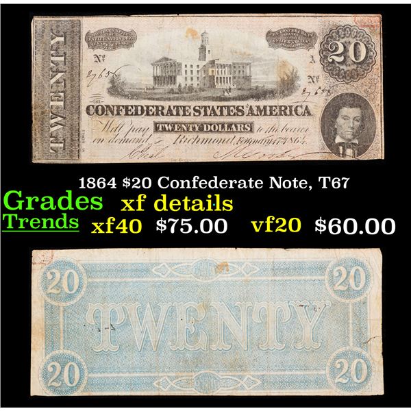 1864 $20 Confederate Note, T67 Grades xf details