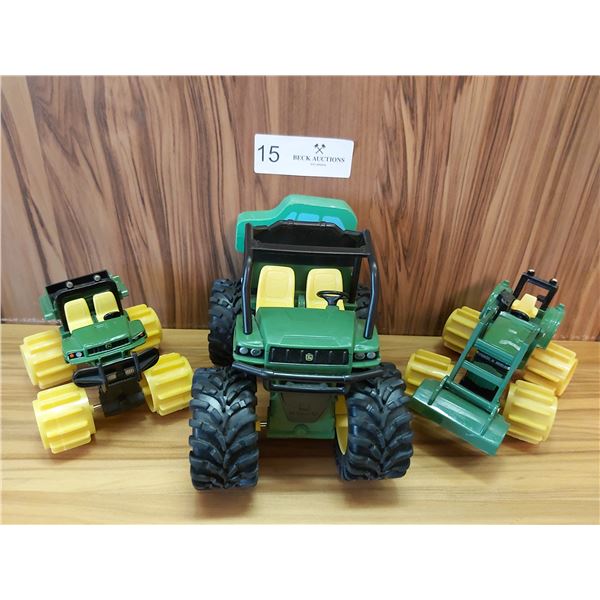 3 Plastic Toy John Deere Collectable Vehicles & 1 Wooden Car
