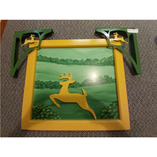 Wooden John Deere Wall Hanging & 2 Decorative John Deere Corner Brackets