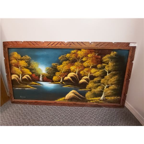 Waterfall, Stream and Forest Velvet Painting - Artist Moran in Wooden Frame 49 Wide x 26 High