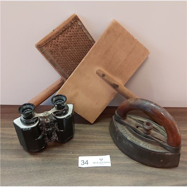 Vintage Hand Cotton Carding Brushes, Vintage Iron & Vintage Binoculars