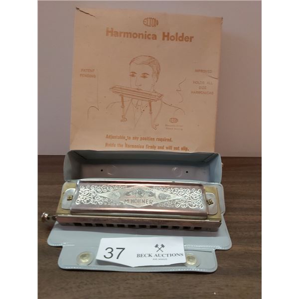 M. Hohner Harmonica in Case (Super Chromonica) & Harmonica Holder