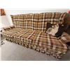 Image 1 : Vintage Wood Trimmed Sofa With Cat Pillow  88 Long x 36 Deep x 39 High
