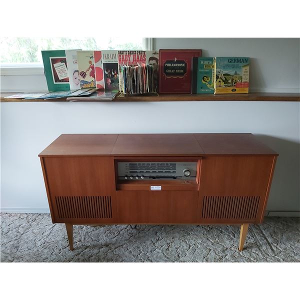 Vintage NordMende FM Stero MultiPlex with Assorted Records  55 1/6 Wide x 16 Deep x 30 1/4 High