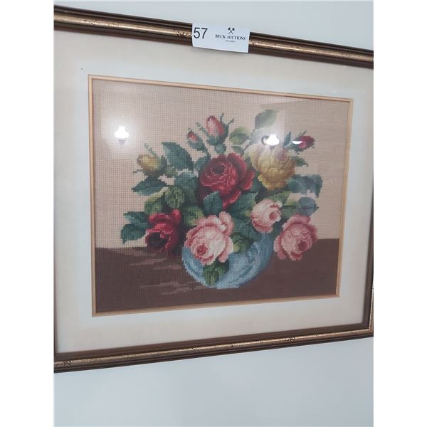 Needlepoint Picture of Roses   18 1/4 Wide x 16 High