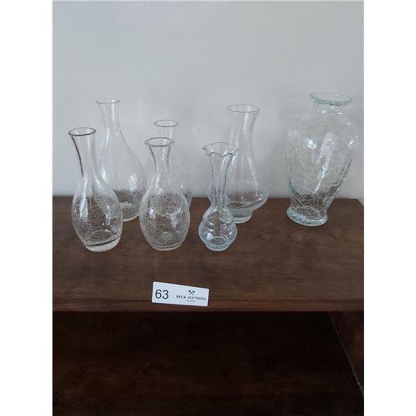 7 Pieces of Assorted Clear Crackled Glass Vases