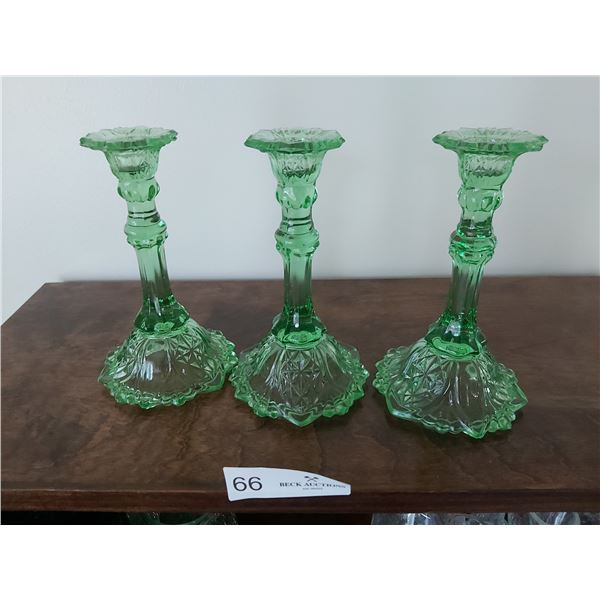 3 Green Glass Candlesticks 7 inches High