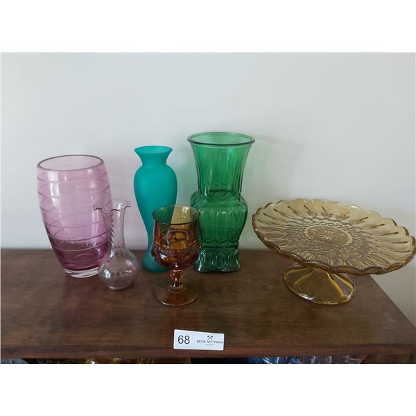 Assortment Of Coloured Glassware Including Vases & Cake platter