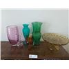 Image 1 : Assortment Of Coloured Glassware Including Vases & Cake platter