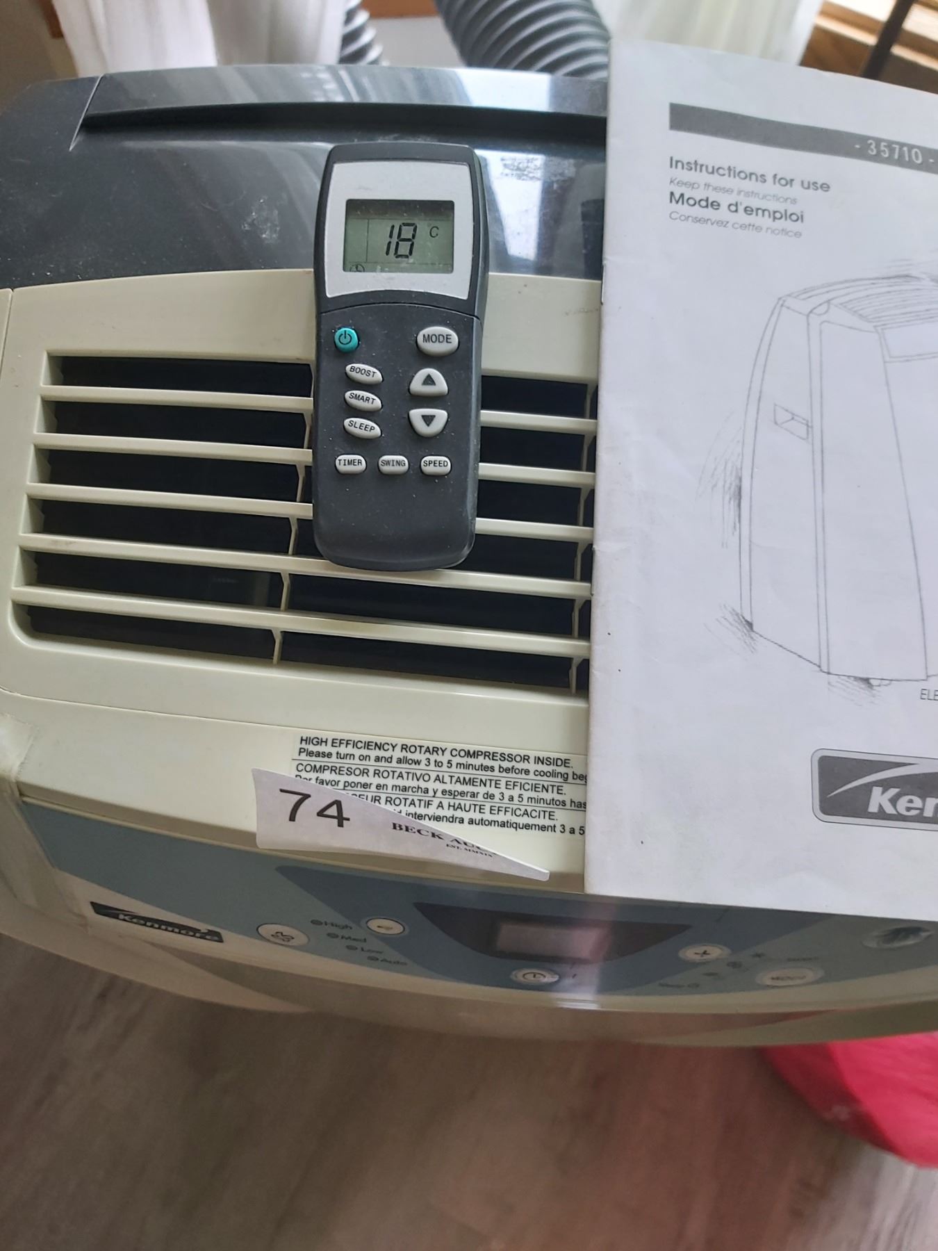 Kenmore Portable Air Conditioner Model 35710 with Remote Beck