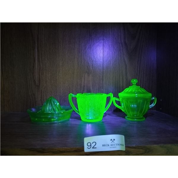 Uranium Glass Sugar Bowl, Creamer and Citrus Juicer