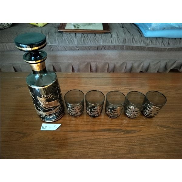 Black Glass With Gold Trim Decanter & 5 Glasses