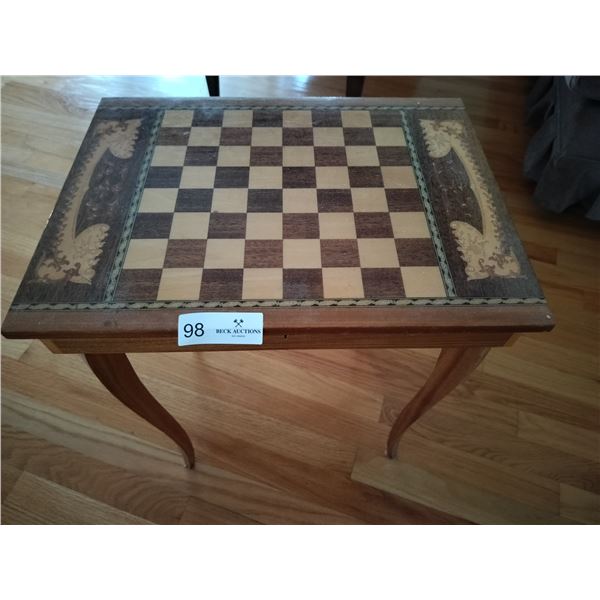 Vintage Inlayed Wooden Chess Table with Music Box 18 Wide x 13 1/2 Deep & 20 High