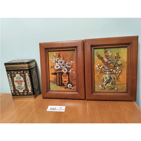2 Textile Artwork Pieces & Vintage Tea Tin  (Pictures - 7 1/2 x 9 1/2)