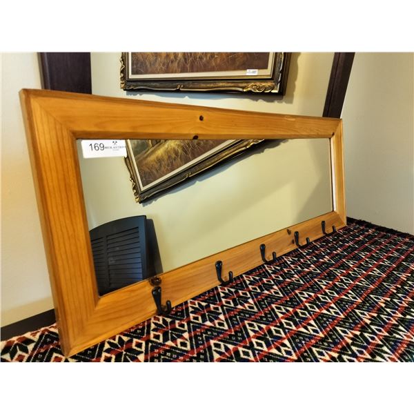 Wooden Framed Mirror with Coat Hooks