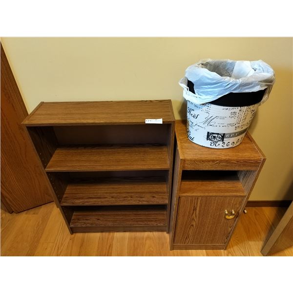Wooden Bookshelf, Nightstand, and Garbage Can