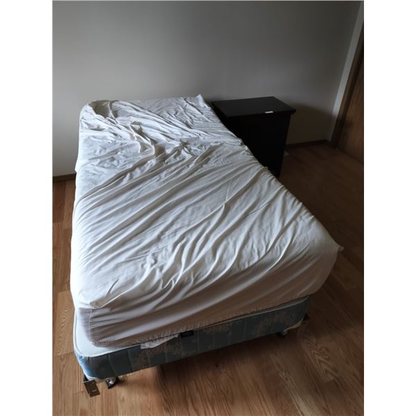 Twin Bed including Frame, Boxspring & Mattress & Bedside Table (Handle Missing)